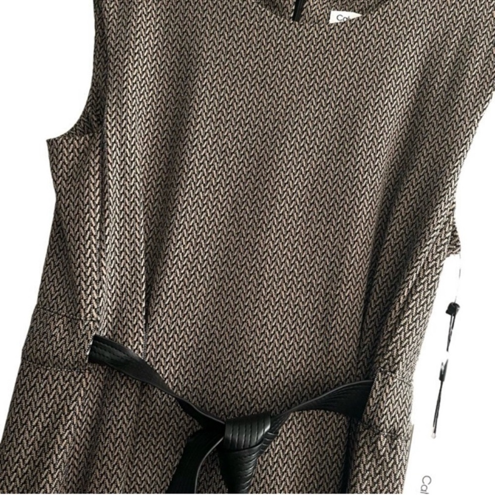 NEW Calvin Klein Sleeveless Belted Dress A-line Lurex Black Brown Tan Size 4 - Picture 8 of 13
